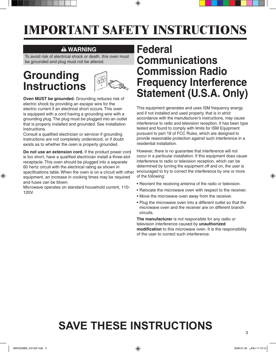 Important safety instructions, Grounding instructions, Save these instructions | Amana AMV5206BA User Manual | Page 3 / 84