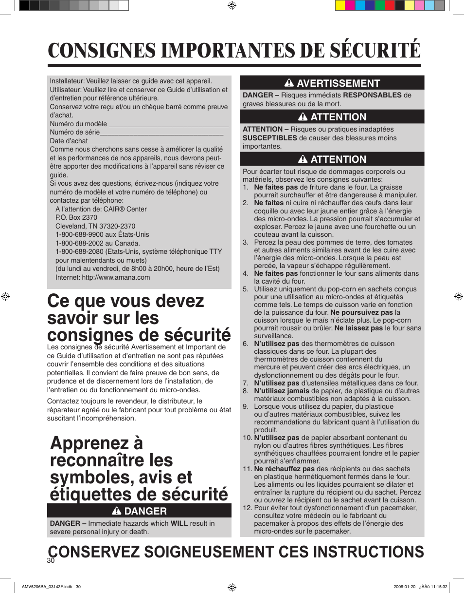 Consignes importantes de sécurité, Conservez soigneusement ces instructions | Amana AMV5206BA User Manual | Page 30 / 84