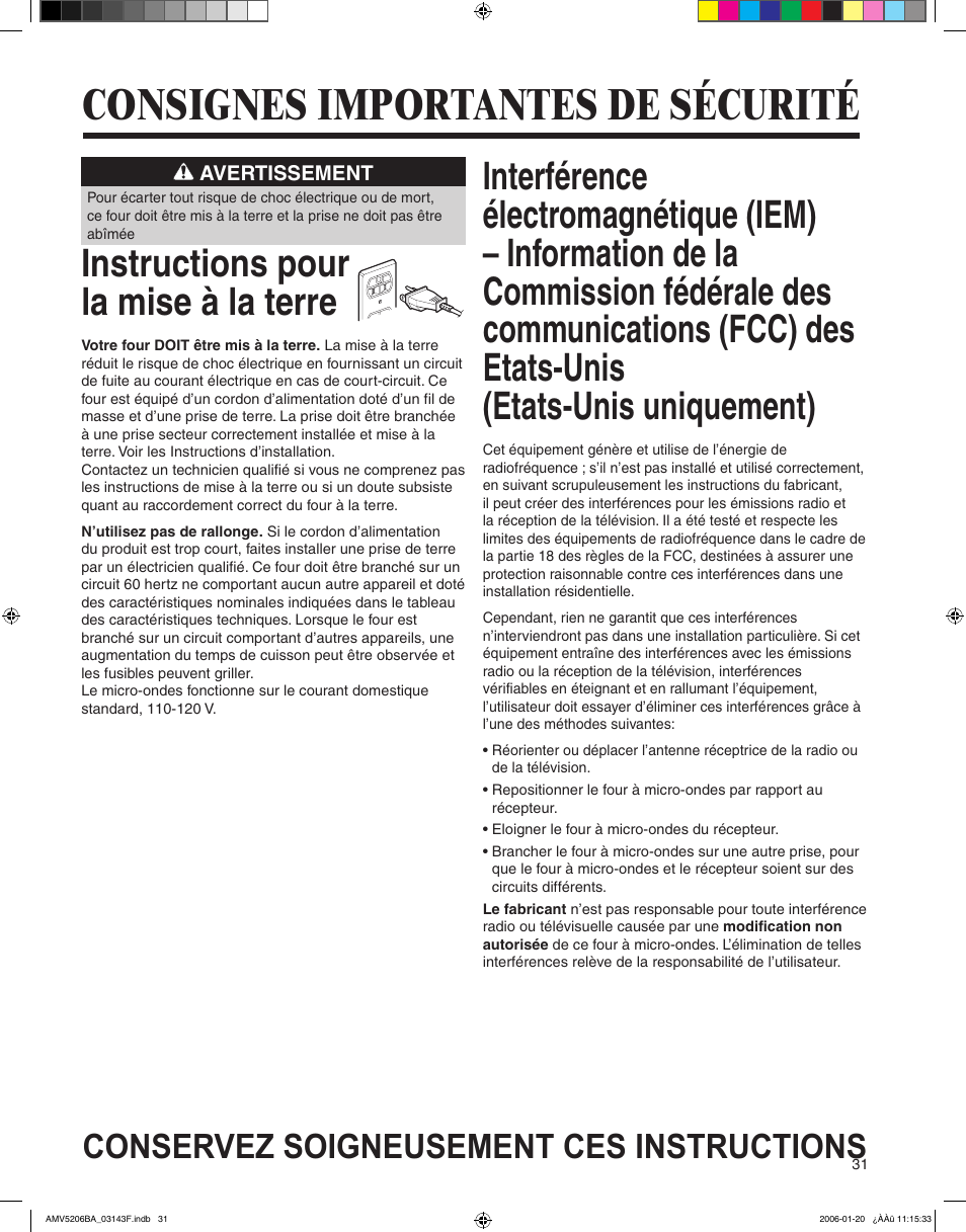 Consignes importantes de sécurité, Instructions pour la mise à la terre, Conservez soigneusement ces instructions | Amana AMV5206BA User Manual | Page 31 / 84