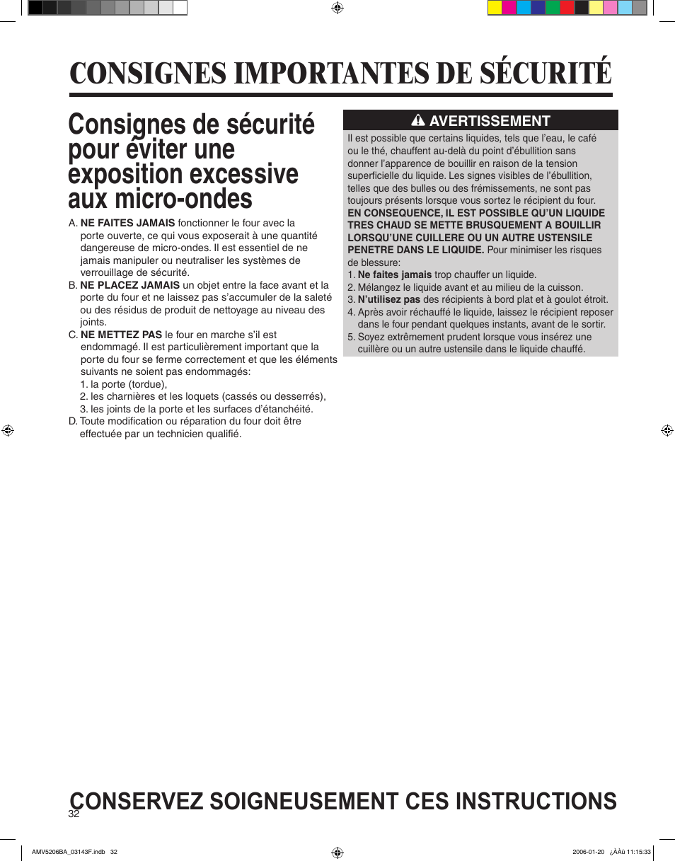 Consignes importantes de sécurité, Conservez soigneusement ces instructions | Amana AMV5206BA User Manual | Page 32 / 84