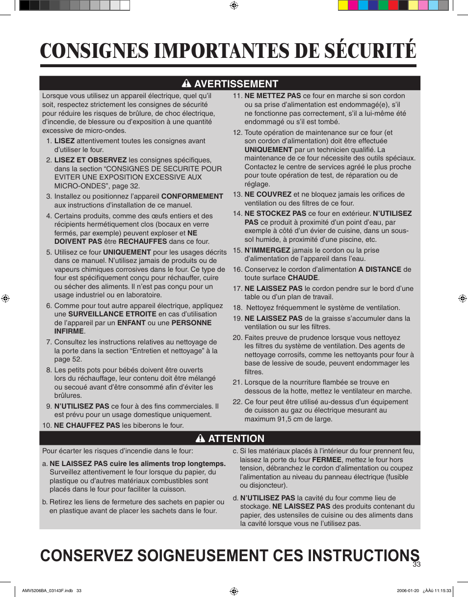 Consignes importantes de sécurité, Conservez soigneusement ces instructions, Avertissement | Attention | Amana AMV5206BA User Manual | Page 33 / 84