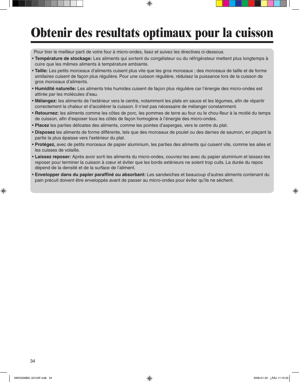 Obtenir des resultats optimaux pour la cuisson | Amana AMV5206BA User Manual | Page 34 / 84