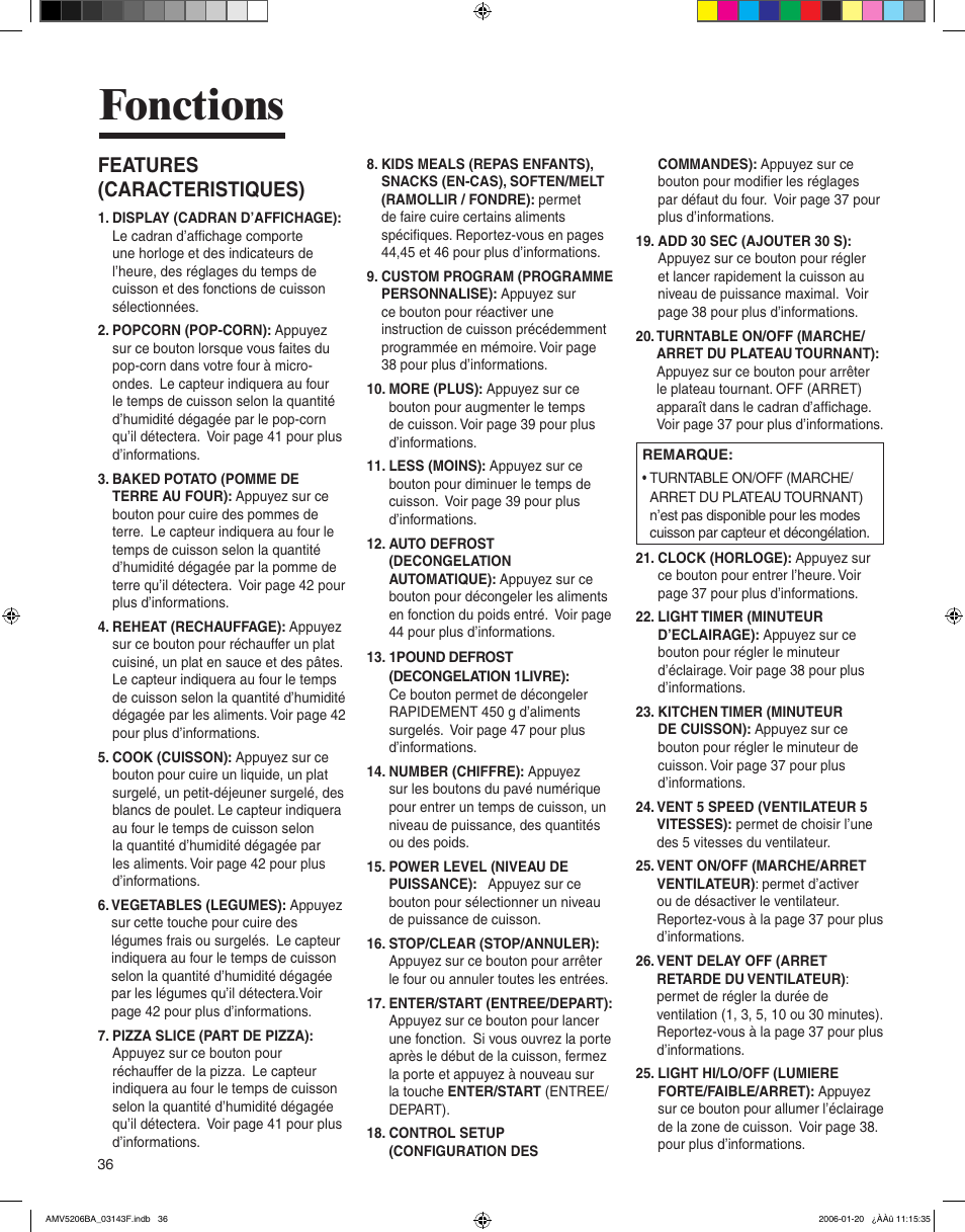 Fonctions, Features (caracteristiques) | Amana AMV5206BA User Manual | Page 36 / 84