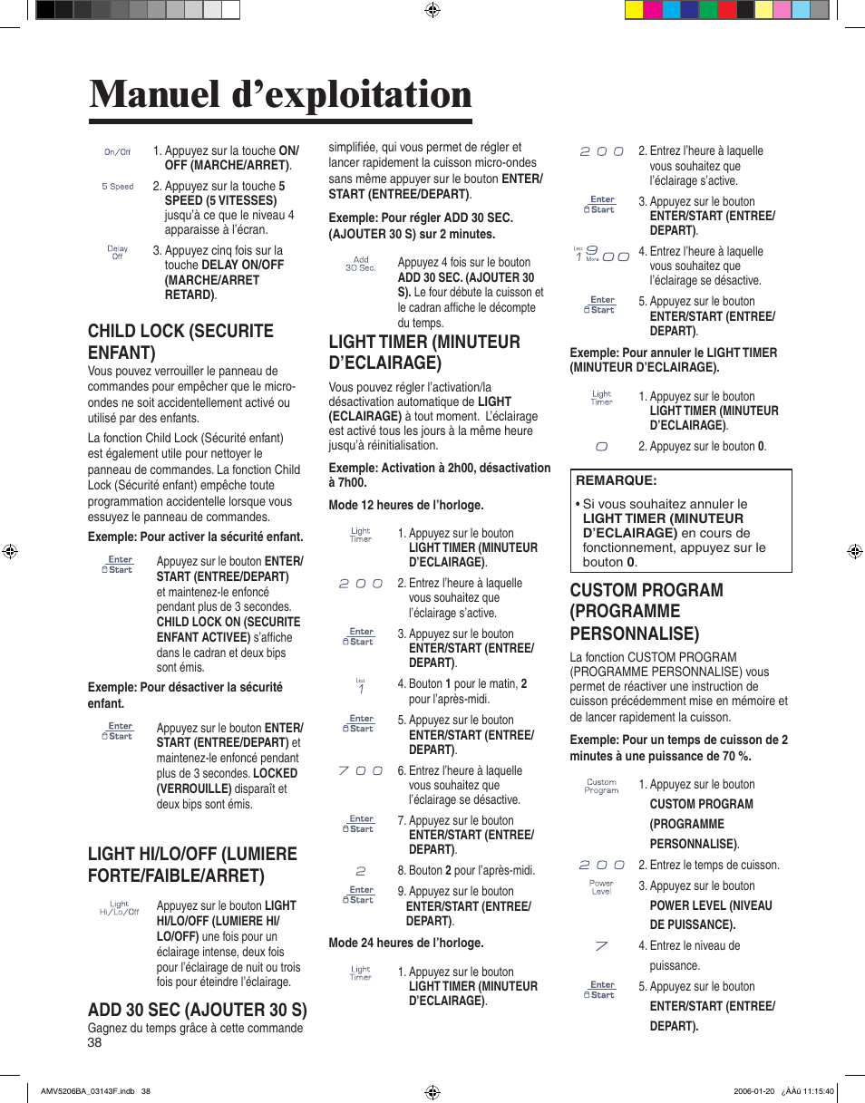 Manuel d’exploitation, Child lock (securite enfant), Light hi/lo/off (lumiere forte/faible/arret) | Add 30 sec (ajouter 30 s), Light timer (minuteur d’eclairage), Custom program (programme personnalise) | Amana AMV5206BA User Manual | Page 38 / 84