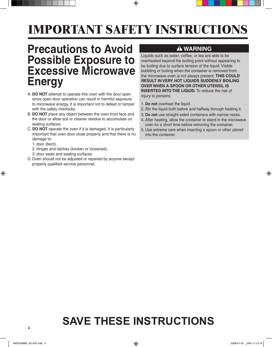 Important safety instructions, Save these instructions | Amana AMV5206BA User Manual | Page 4 / 84
