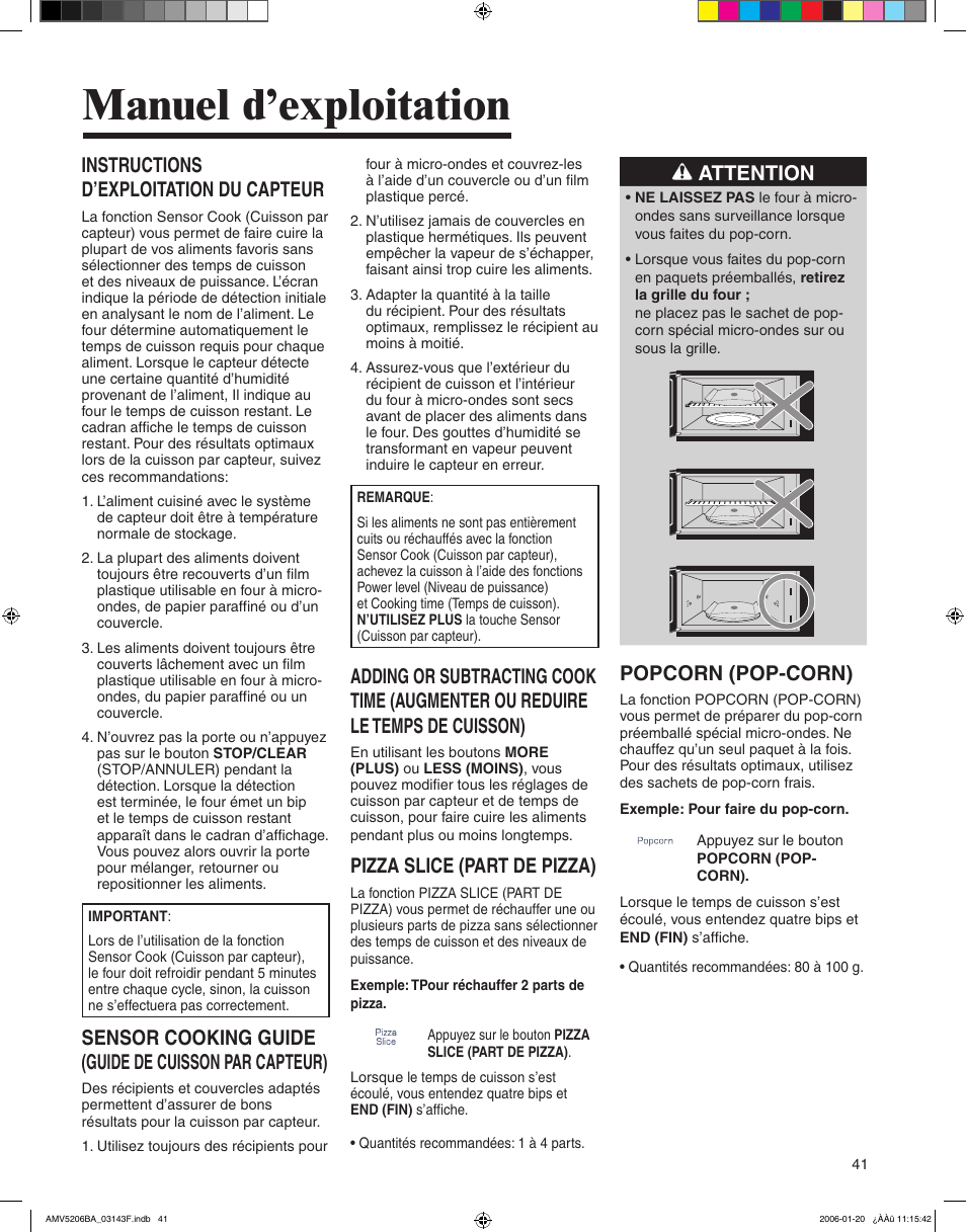 Manuel d’exploitation, Instructions d’exploitation du capteur, Pizza slice (part de pizza) | Attention, Popcorn (pop-corn) | Amana AMV5206BA User Manual | Page 41 / 84