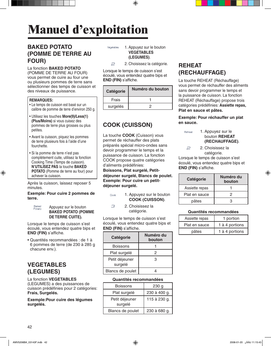 Manuel d’exploitation, Baked potato (pomme de terre au four), Vegetables (legumes) | Cook (cuisson), Reheat (rechauffage) | Amana AMV5206BA User Manual | Page 42 / 84