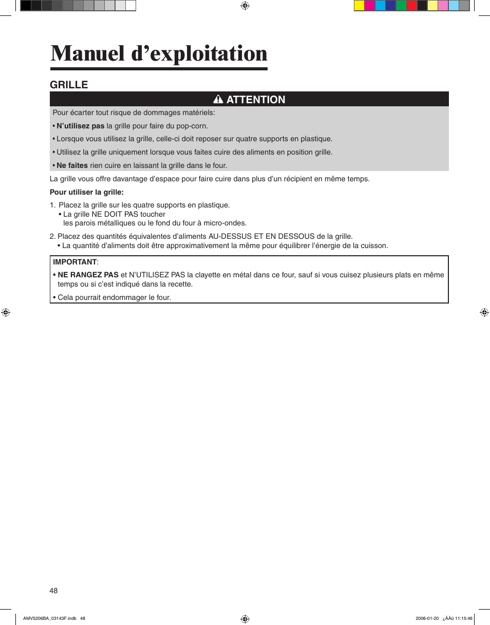 Manuel d’exploitation, Grille attention | Amana AMV5206BA User Manual | Page 48 / 84