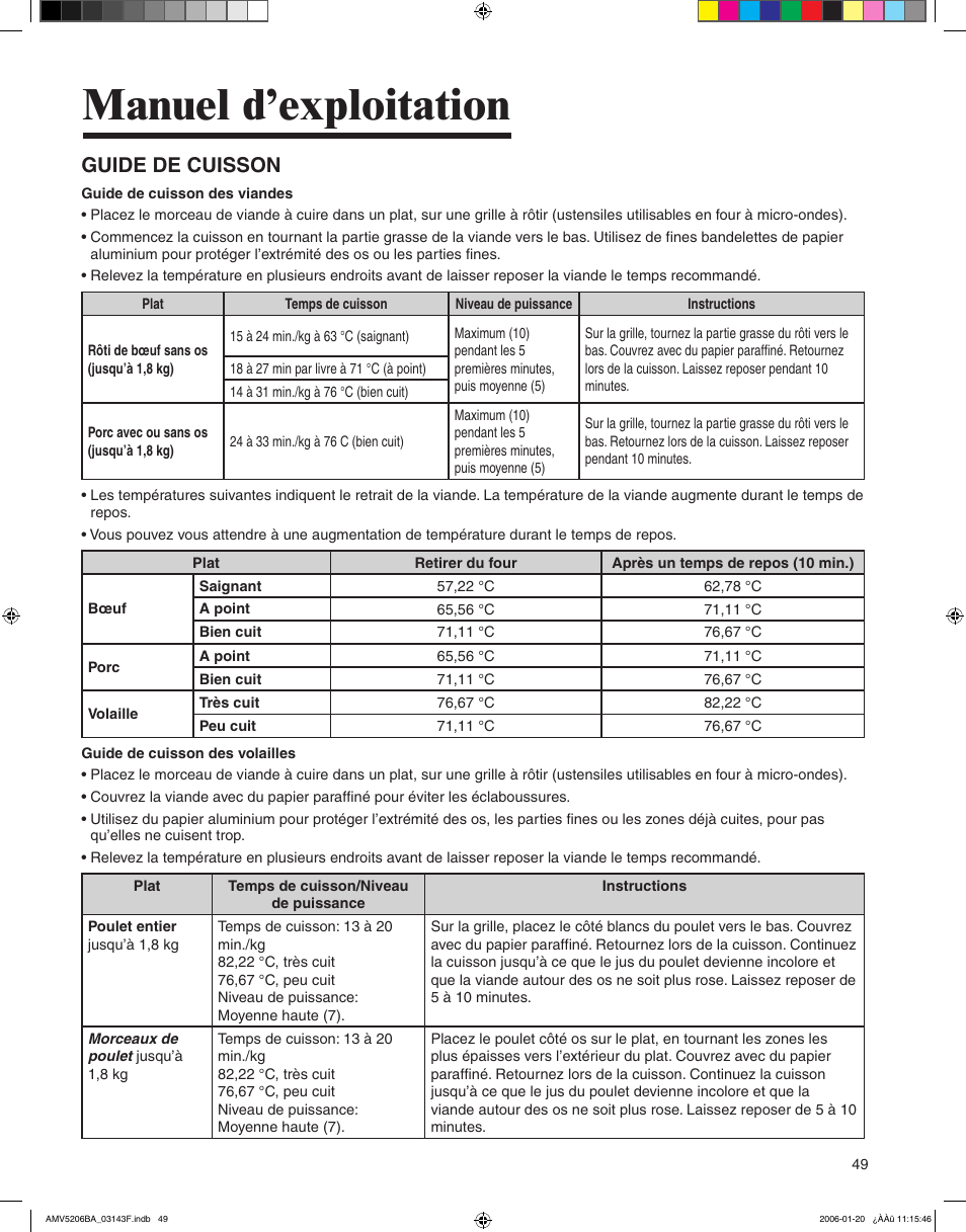 Manuel d’exploitation, Guide de cuisson | Amana AMV5206BA User Manual | Page 49 / 84