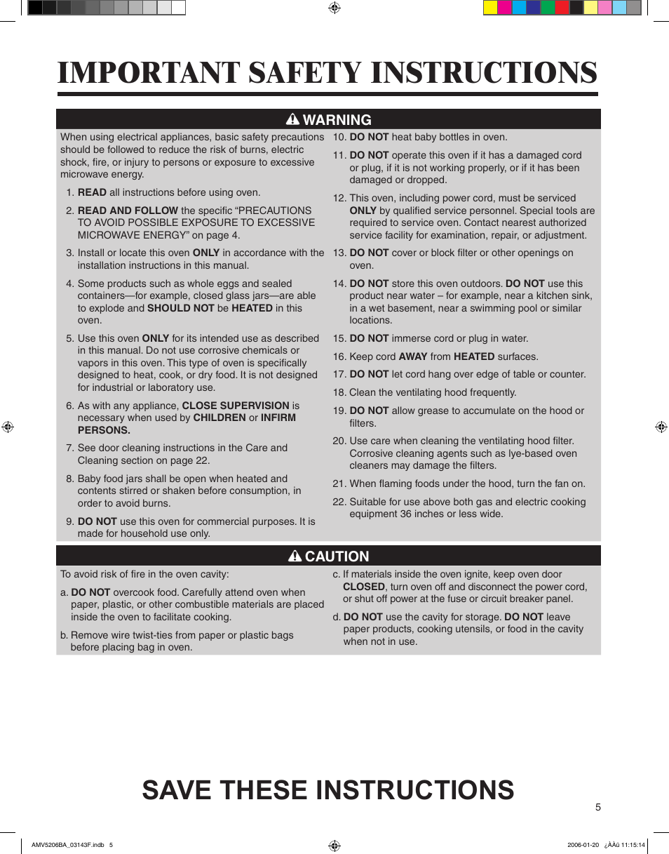 Important safety instructions, Save these instructions, Warning | Caution | Amana AMV5206BA User Manual | Page 5 / 84