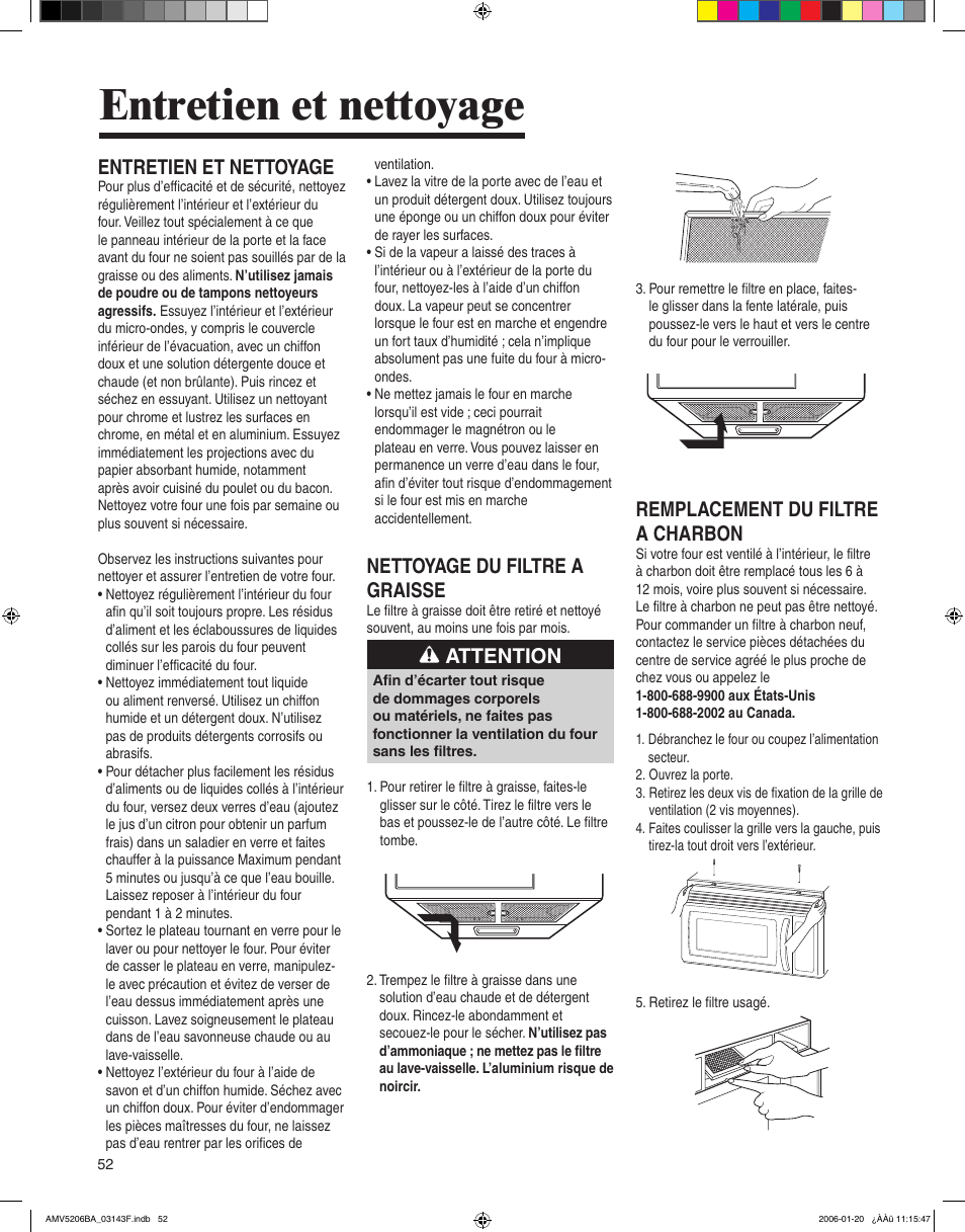 Entretien et nettoyage, Nettoyage du filtre a graisse, Attention | Remplacement du filtre a charbon | Amana AMV5206BA User Manual | Page 52 / 84