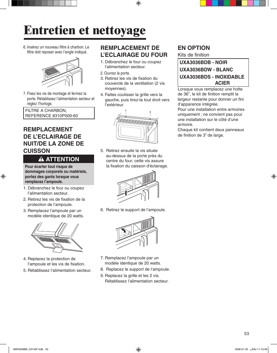 Entretien et nettoyage, Remplacement de l’eclairage du four, En option | Amana AMV5206BA User Manual | Page 53 / 84