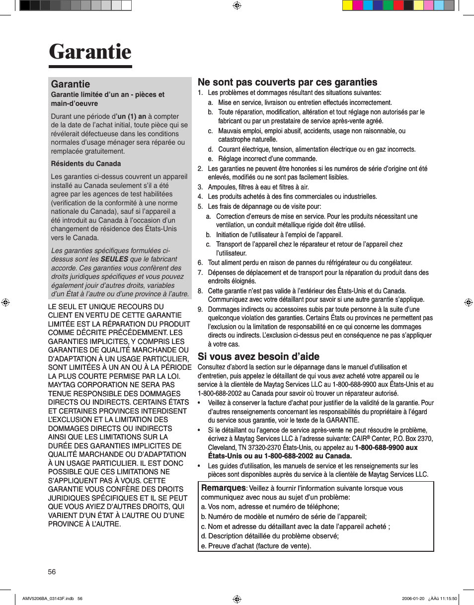 Garantie, Ne sont pas couverts par ces garanties, Si vous avez besoin d’aide | Amana AMV5206BA User Manual | Page 56 / 84