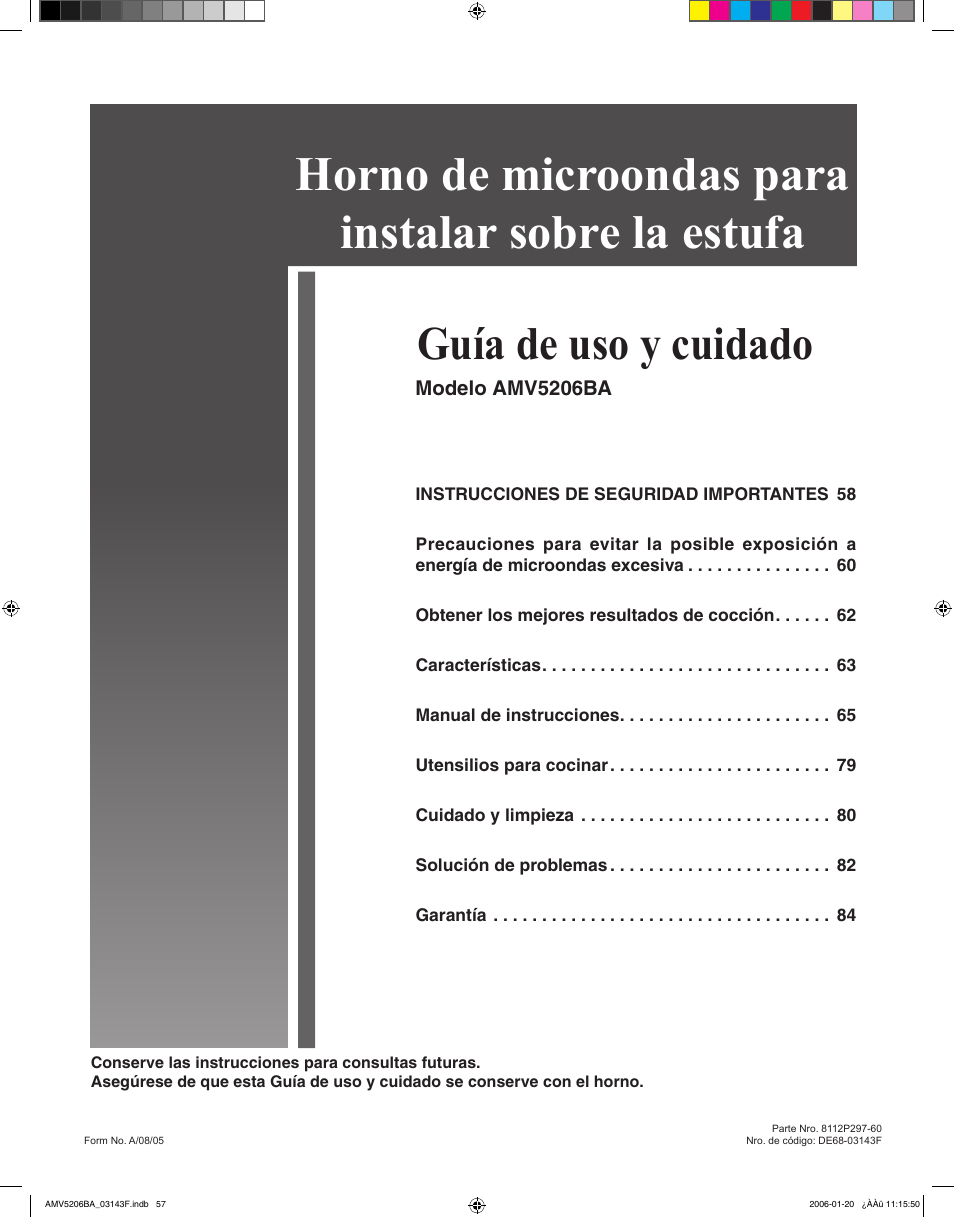 Horno de microondas para instalar sobre la estufa, Guía de uso y cuidado | Amana AMV5206BA User Manual | Page 57 / 84