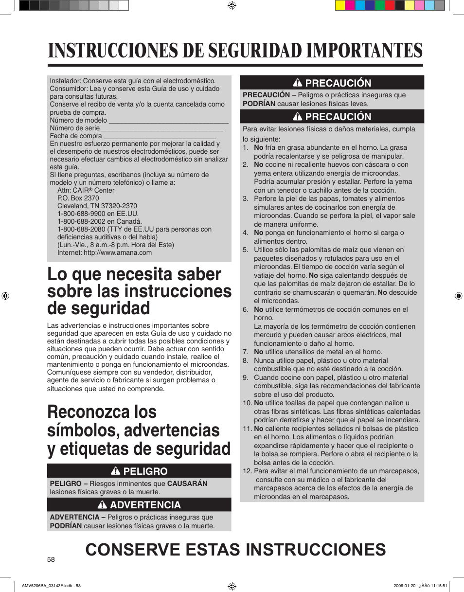 Instrucciones de seguridad importantes, Conserve estas instrucciones, Peligro | Advertencia, Precaución | Amana AMV5206BA User Manual | Page 58 / 84