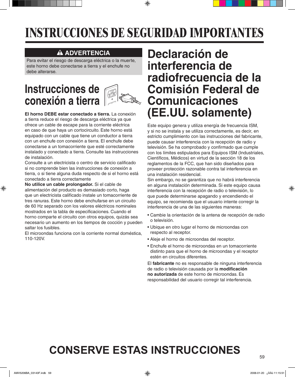 Instrucciones de seguridad importantes, Instrucciones de conexión a tierra, Conserve estas instrucciones | Amana AMV5206BA User Manual | Page 59 / 84