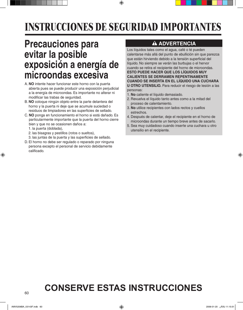 Instrucciones de seguridad importantes, Conserve estas instrucciones | Amana AMV5206BA User Manual | Page 60 / 84