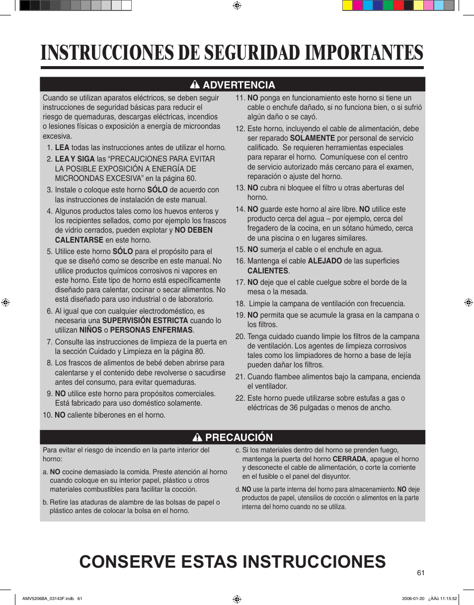 Instrucciones de seguridad importantes, Conserve estas instrucciones, Advertencia | Precaución | Amana AMV5206BA User Manual | Page 61 / 84