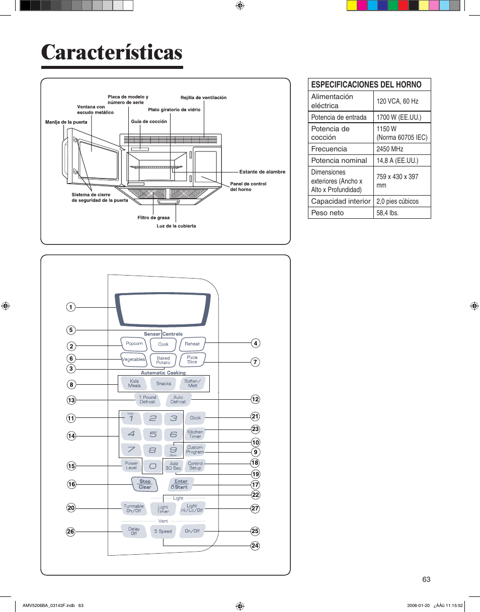 Características, Especificaciones del horno | Amana AMV5206BA User Manual | Page 63 / 84