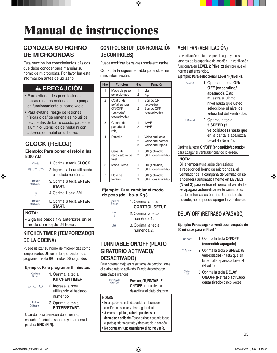 Manual de instrucciones, Conozca su horno de microondas, Precaución | Clock (reloj), Kitchen timer (temporizador de la cocina), Control setup (configuración de controles), Vent fan (ventilación), Delay off (retraso apagado | Amana AMV5206BA User Manual | Page 65 / 84