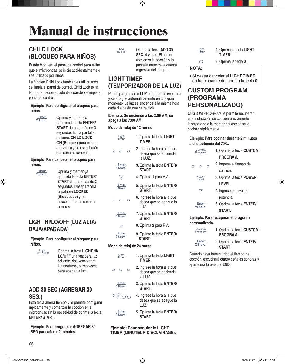 Manual de instrucciones, Child lock (bloqueo para niños), Light hi/lo/off (luz alta/ baja/apagada) | Add 30 sec (agregar 30 seg.), Light timer, Custom program (programa personalizado), Temporizador de la luz) | Amana AMV5206BA User Manual | Page 66 / 84