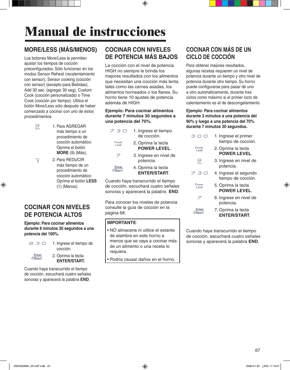 Manual de instrucciones, Cocinar con niveles de potencia más bajos, Cocinar con más de un ciclo de cocción | More/less (más/menos), Cocinar con niveles de potencia altos | Amana AMV5206BA User Manual | Page 67 / 84