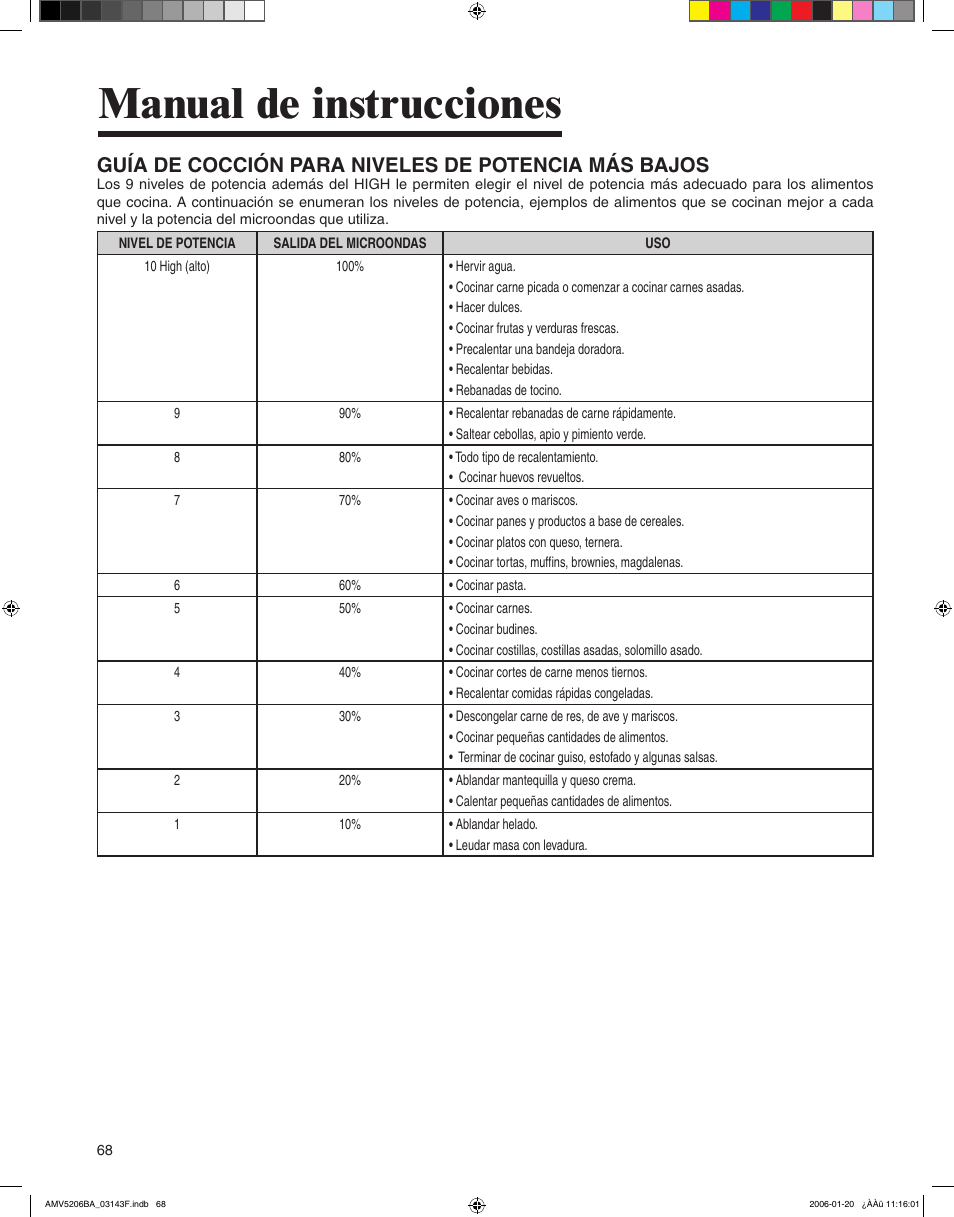 Manual de instrucciones, Guía de cocción para niveles de potencia más bajos | Amana AMV5206BA User Manual | Page 68 / 84