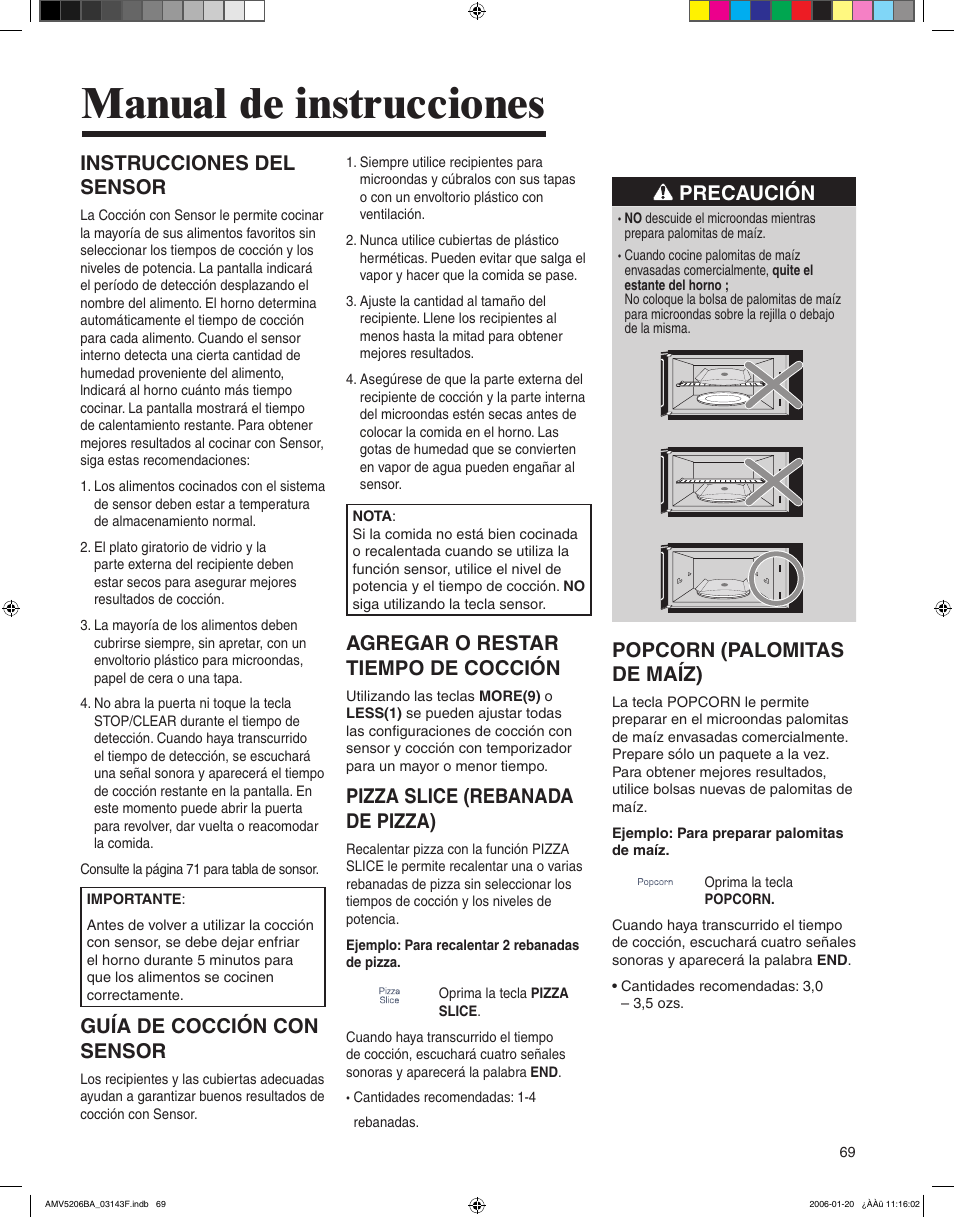 Manual de instrucciones, Instrucciones del sensor, Guía de cocción con sensor | Agregar o restar tiempo de cocción, Pizza slice (rebanada de pizza), Precaución, Popcorn (palomitas de maíz) | Amana AMV5206BA User Manual | Page 69 / 84