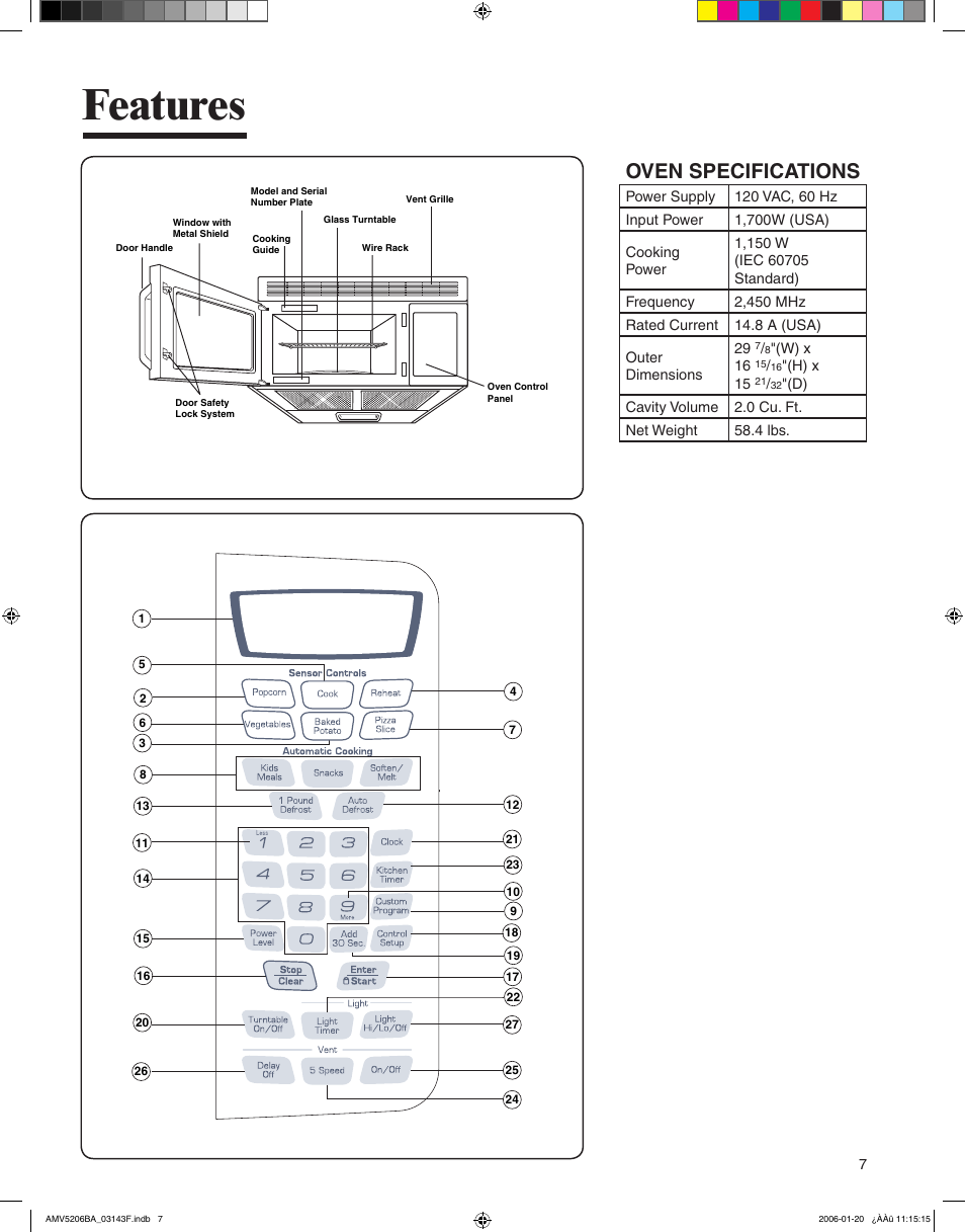 Features, Oven specifications | Amana AMV5206BA User Manual | Page 7 / 84