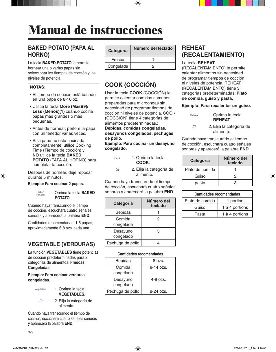 Manual de instrucciones, Baked potato (papa al horno), Vegetable (verduras) | Cook (cocción), Reheat (recalentamiento) | Amana AMV5206BA User Manual | Page 70 / 84