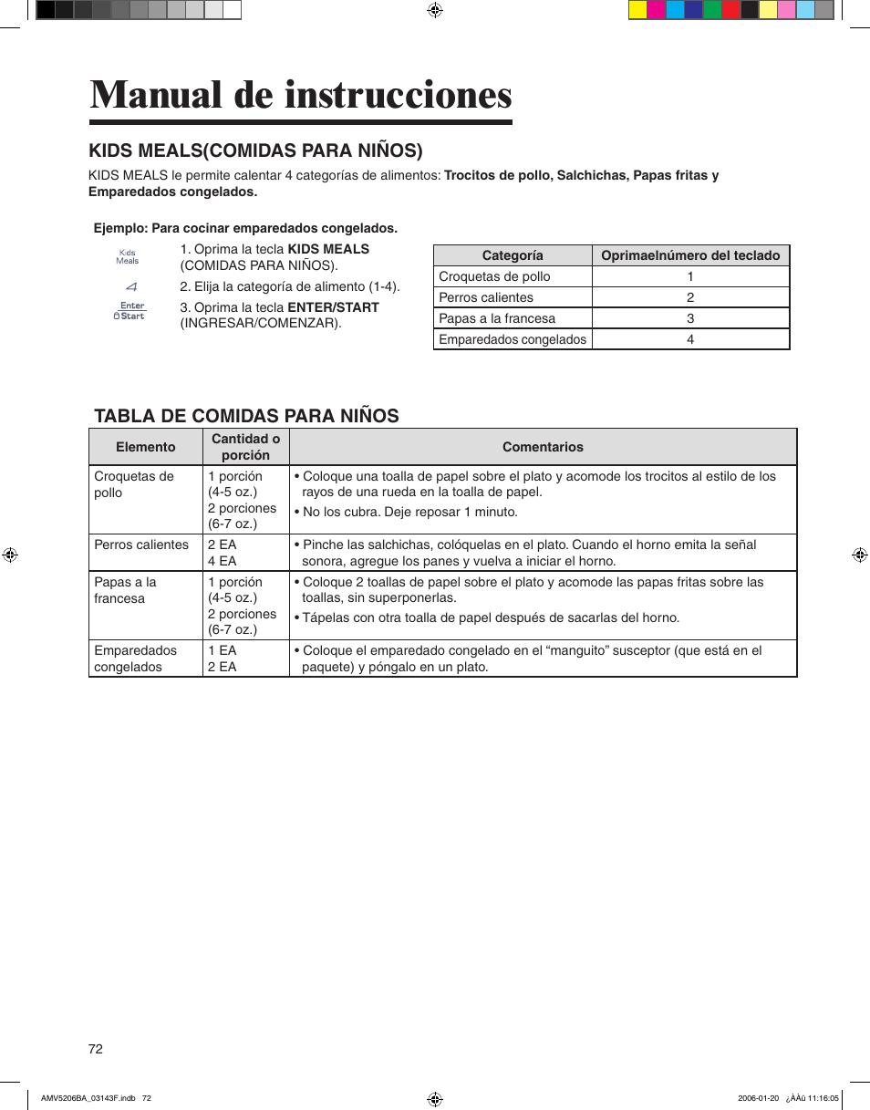 Manual de instrucciones, Kids meals(comidas para niños), Tabla de comidas para niños | Amana AMV5206BA User Manual | Page 72 / 84