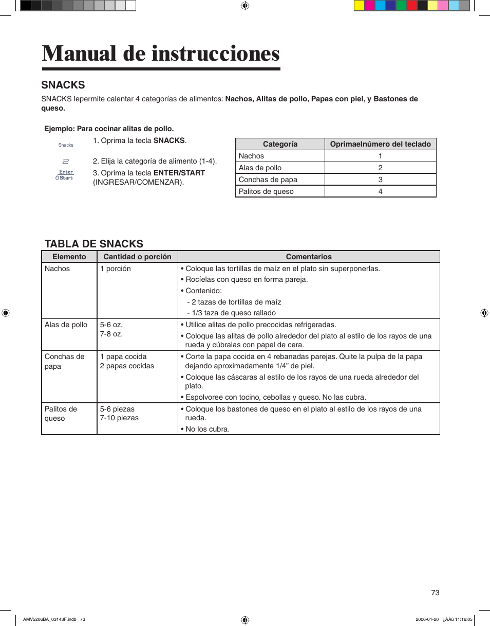 Manual de instrucciones, Snacks, Tabla de snacks | Amana AMV5206BA User Manual | Page 73 / 84