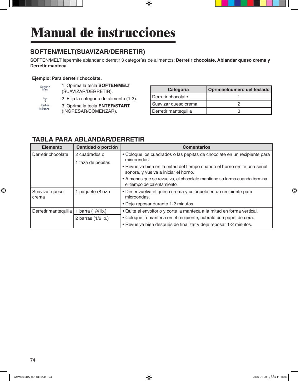 Manual de instrucciones, Soften/melt(suavizar/derretir), Tabla para ablandar/derretir | Amana AMV5206BA User Manual | Page 74 / 84
