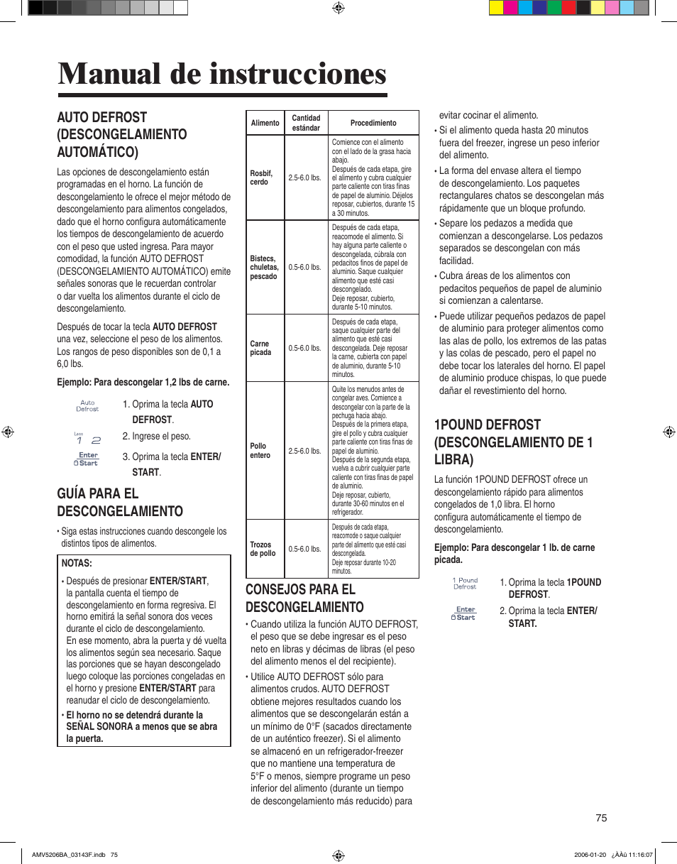 Manual de instrucciones, 1pound defrost (descongelamiento de 1 libra), Auto defrost (descongelamiento automático) | Guía para el descongelamiento, Consejos para el descongelamiento | Amana AMV5206BA User Manual | Page 75 / 84