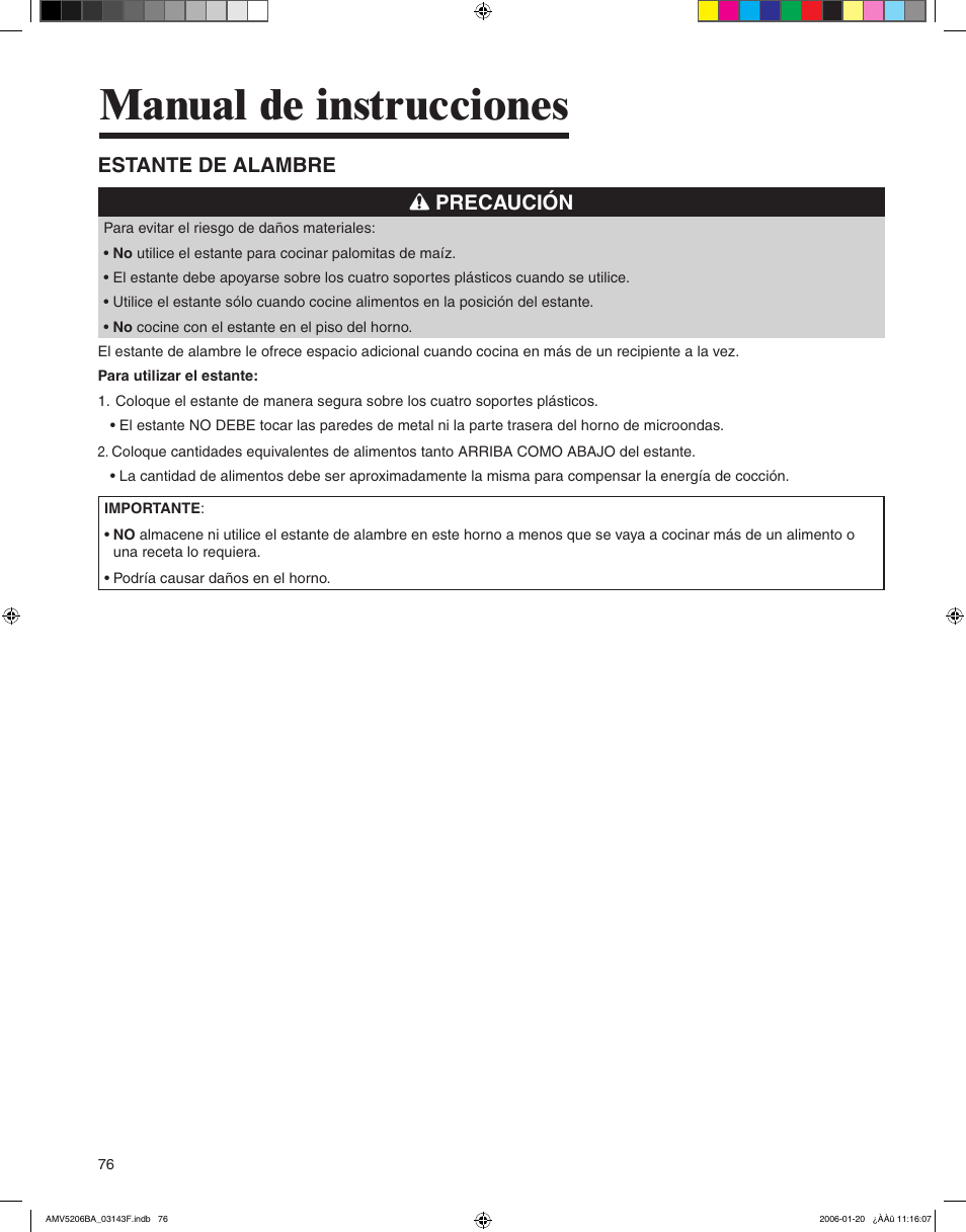 Manual de instrucciones, Estante de alambre precaución | Amana AMV5206BA User Manual | Page 76 / 84