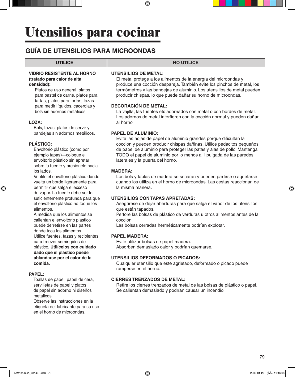 Utensilios para cocinar, Guía de utensilios para microondas | Amana AMV5206BA User Manual | Page 79 / 84