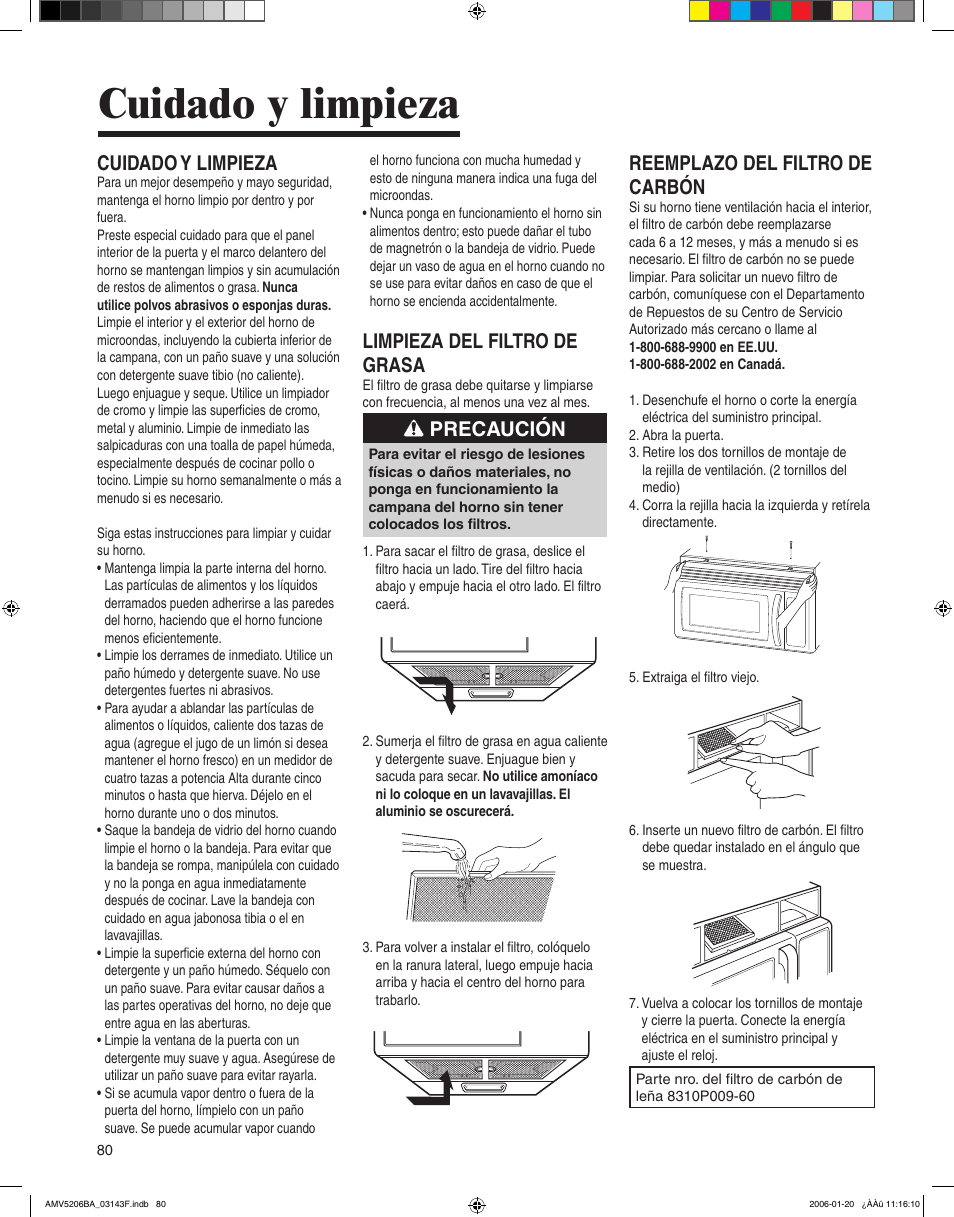 Cuidado y limpieza, Limpieza del filtro de grasa, Precaución | Reemplazo del filtro de carbón | Amana AMV5206BA User Manual | Page 80 / 84