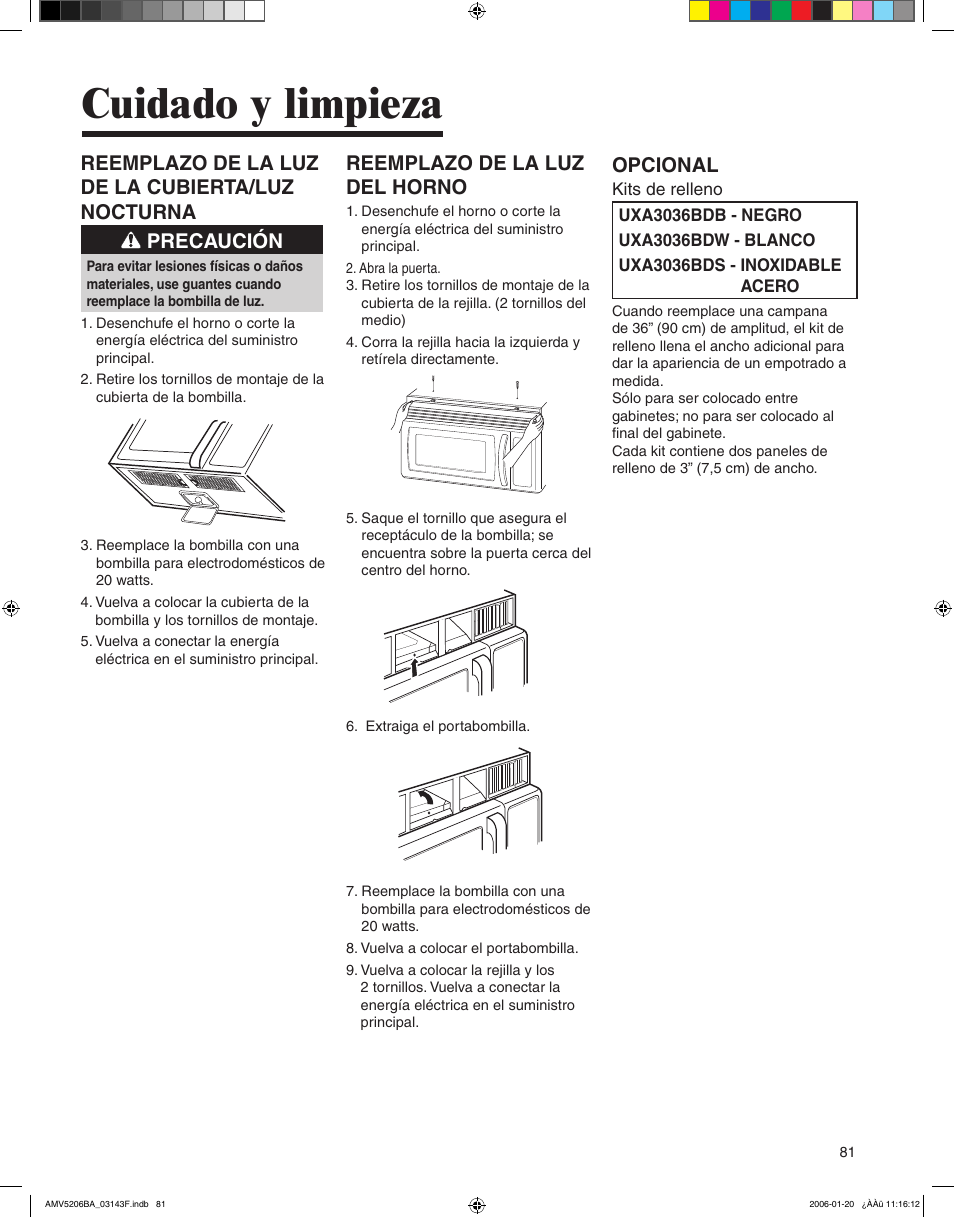 Cuidado y limpieza, Reemplazo de la luz del horno, Opcional | Amana AMV5206BA User Manual | Page 81 / 84