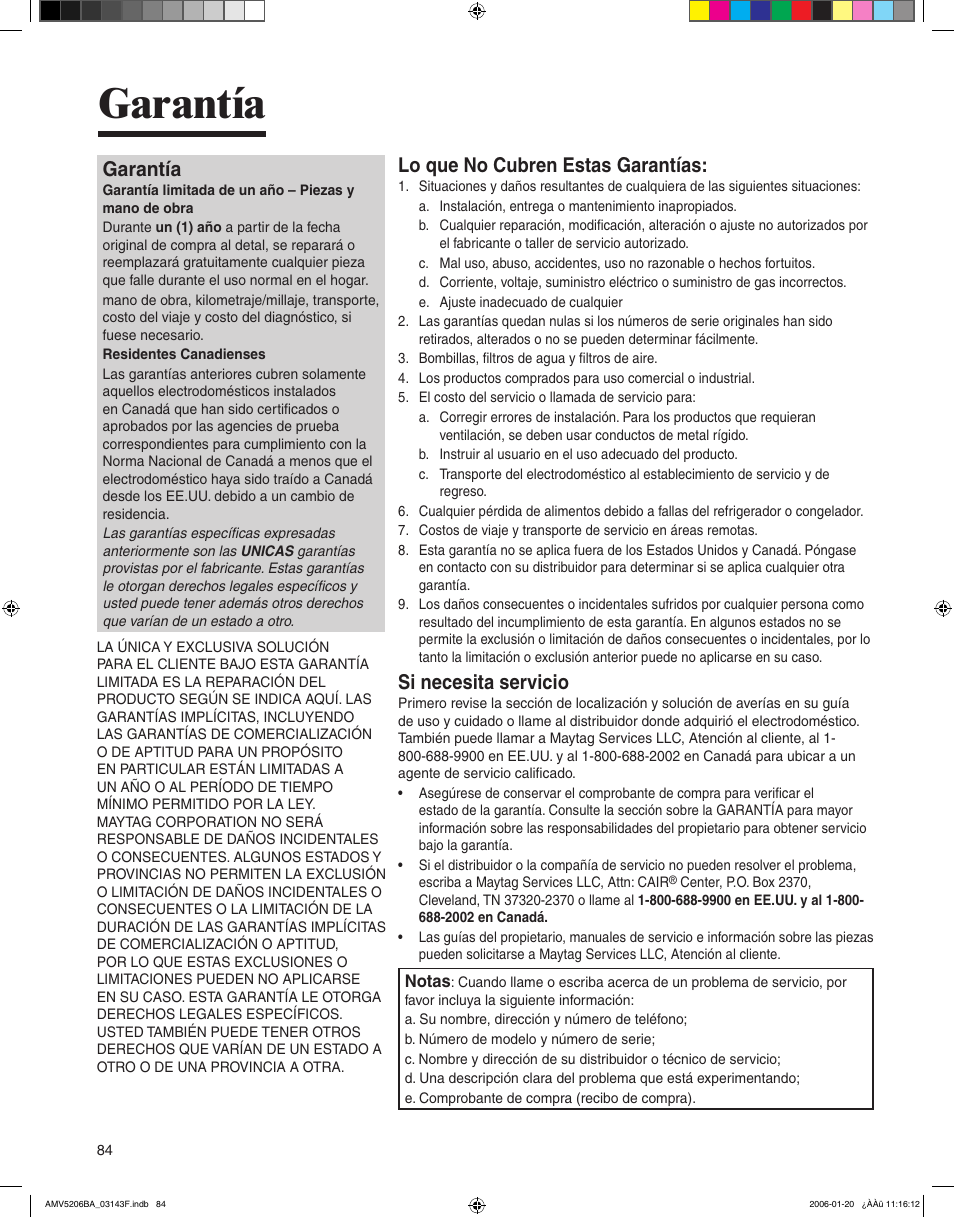 Garantía, Lo que no cubren estas garantías, Si necesita servicio | Amana AMV5206BA User Manual | Page 84 / 84