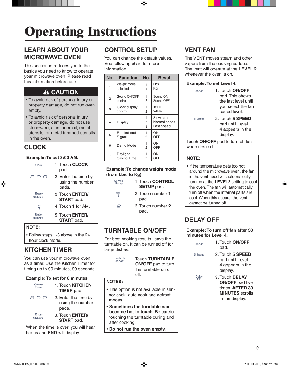 Operating instructions, Learn about your microwave oven, Caution | Clock, Kitchen timer, Control setup, Turntable on/off, Vent fan, Delay off | Amana AMV5206BA User Manual | Page 9 / 84