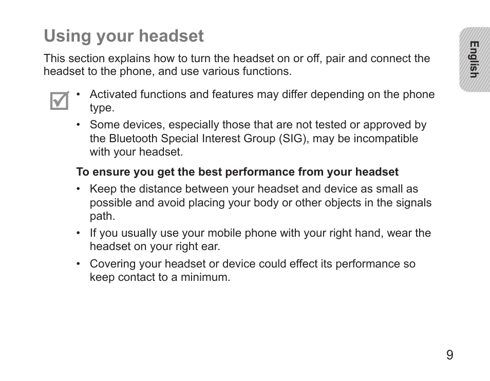 Using your headset | Samsung BHS3000 User Manual | Page 11 / 173