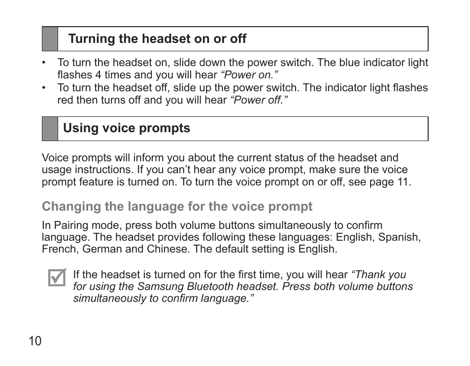 Turning the headset on or off, Using voice prompts | Samsung BHS3000 User Manual | Page 12 / 173