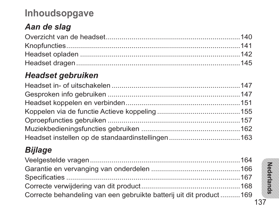 Nederlands, Inhoudsopgave | Samsung BHS3000 User Manual | Page 139 / 173