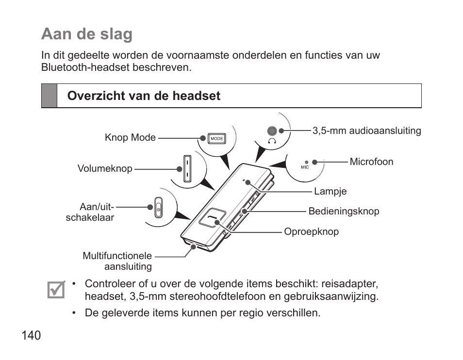 Aan de slag, Overzicht van de headset | Samsung BHS3000 User Manual | Page 142 / 173