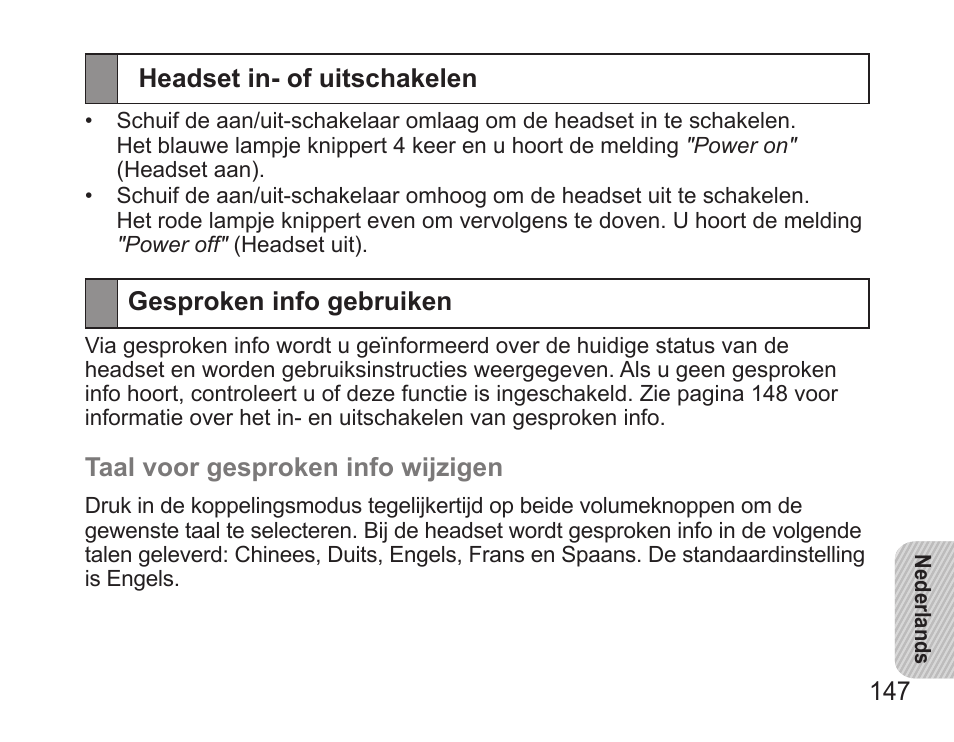 Headset in- of uitschakelen, Gesproken info gebruiken | Samsung BHS3000 User Manual | Page 149 / 173