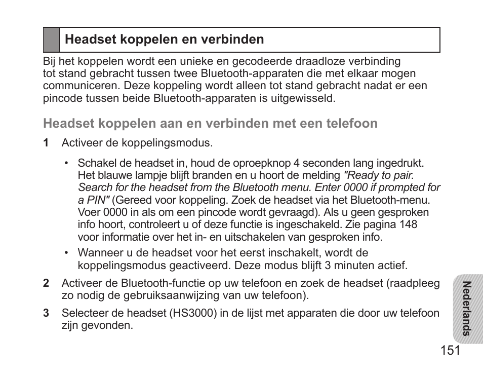 Headset koppelen en verbinden | Samsung BHS3000 User Manual | Page 153 / 173