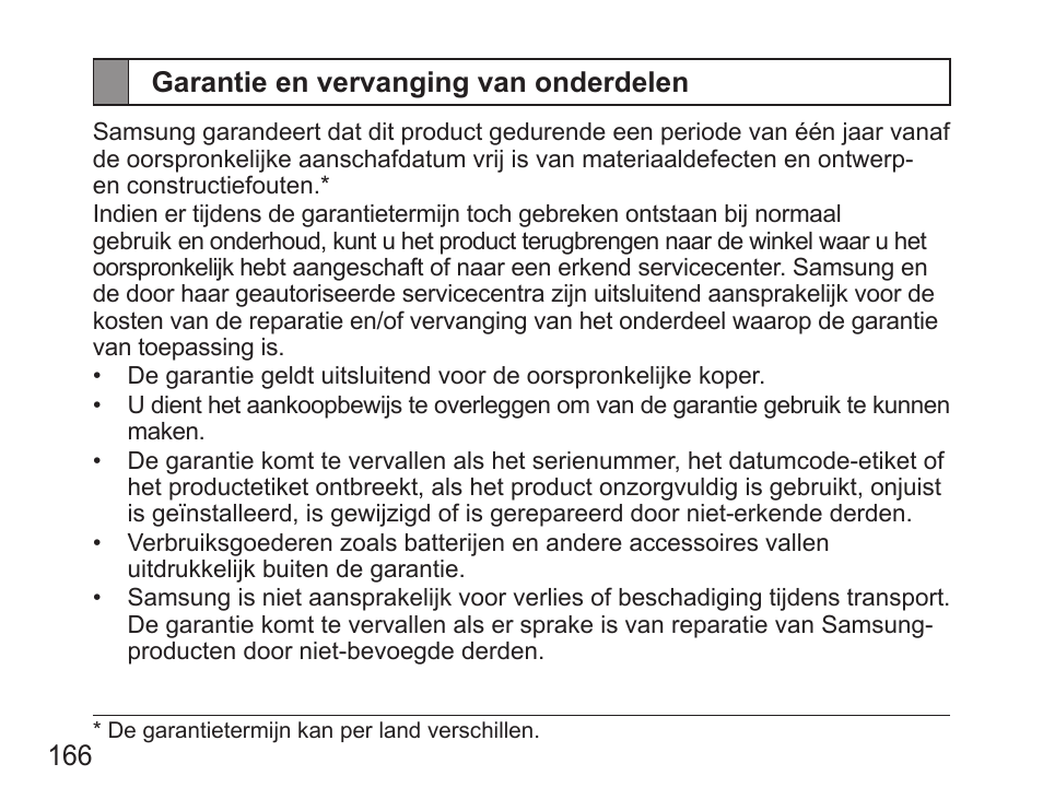 Garantie en vervanging van onderdelen | Samsung BHS3000 User Manual | Page 168 / 173