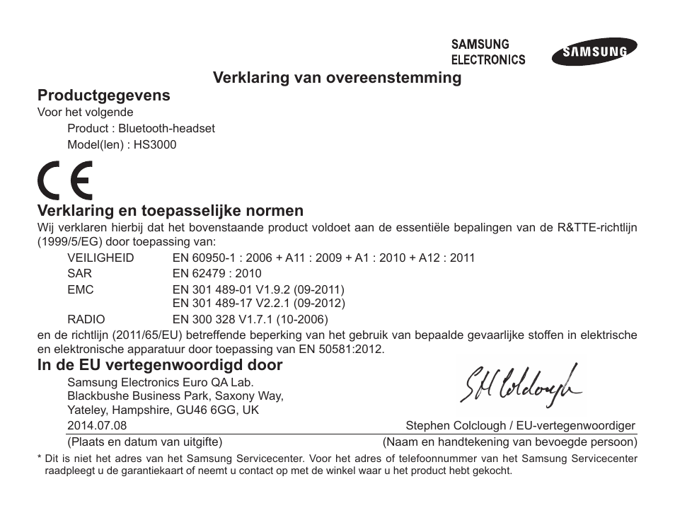 Verklaring van overeenstemming productgegevens, Verklaring en toepasselijke normen | Samsung BHS3000 User Manual | Page 172 / 173