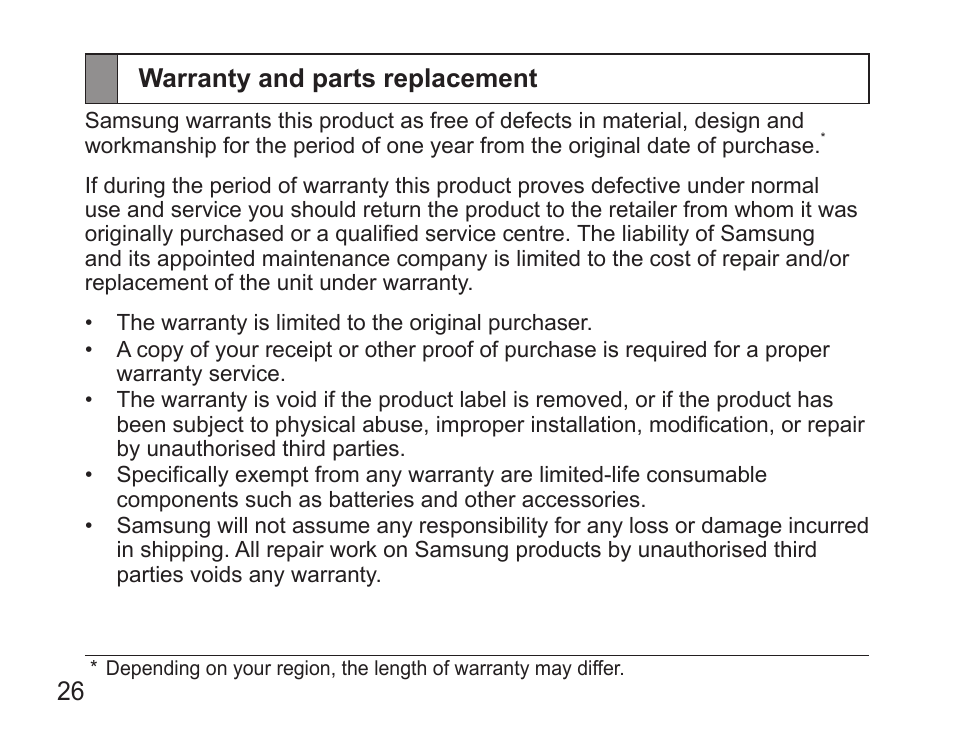 Warranty and parts replacement | Samsung BHS3000 User Manual | Page 28 / 173