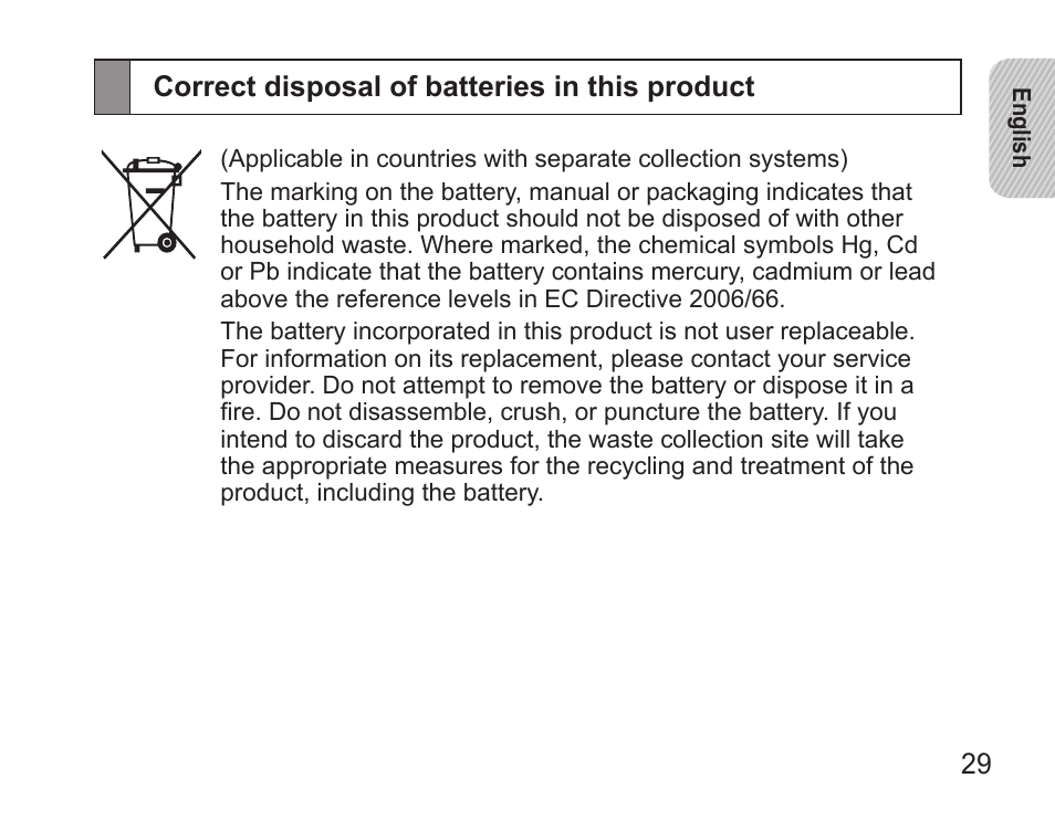 Correct disposal of batteries in this product | Samsung BHS3000 User Manual | Page 31 / 173